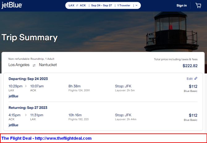 jetBlue: Los Angeles - Nantucket, Massachusetts (and vice versa) $223 (Basic Economy) / $303 (Regular Economy). Roundtrip, including all Taxes